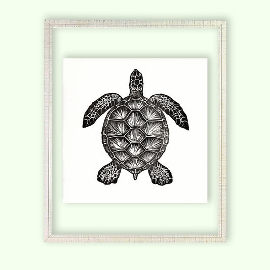 Framed Sea Turtle Linocut Print
