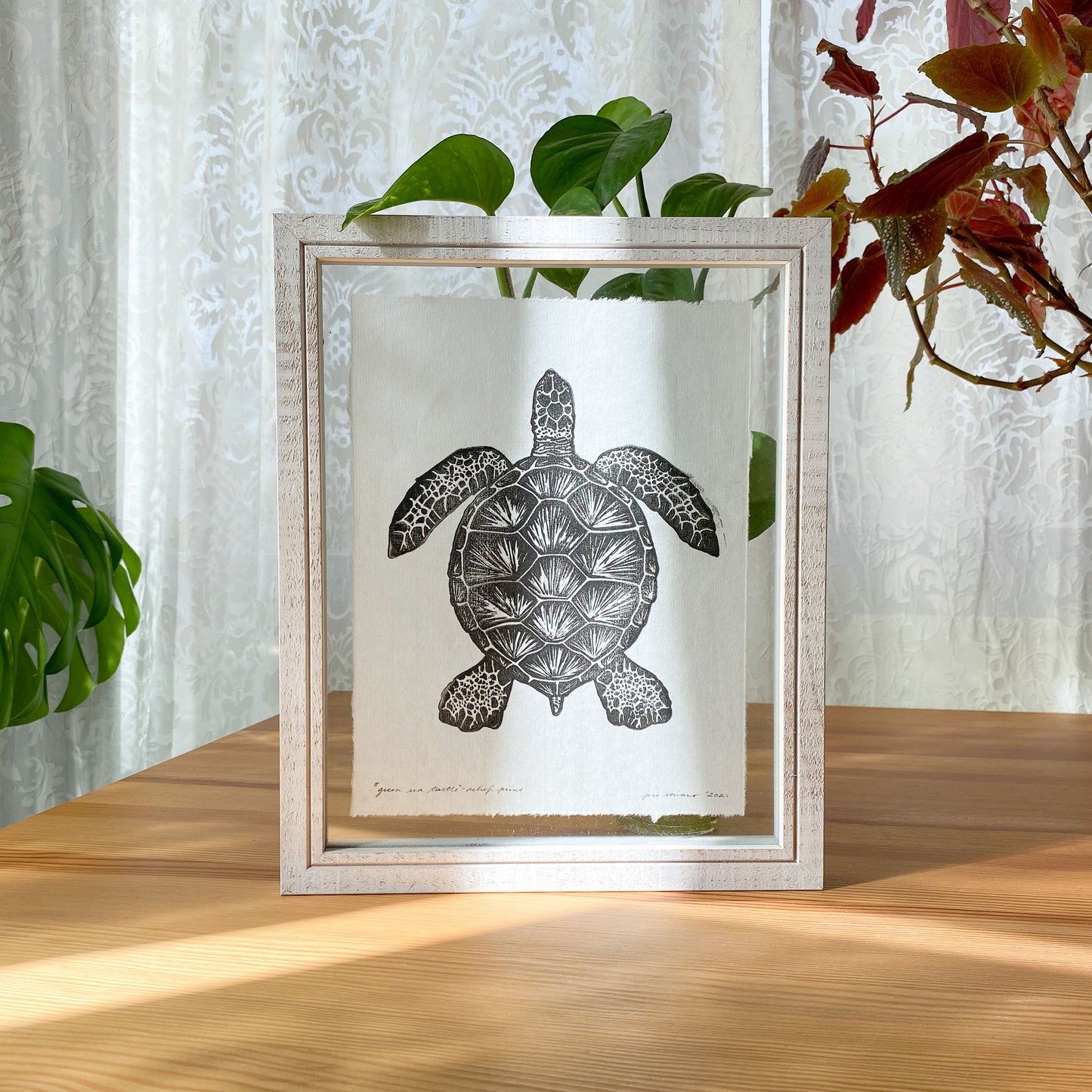 Framed Sea Turtle Linocut Print