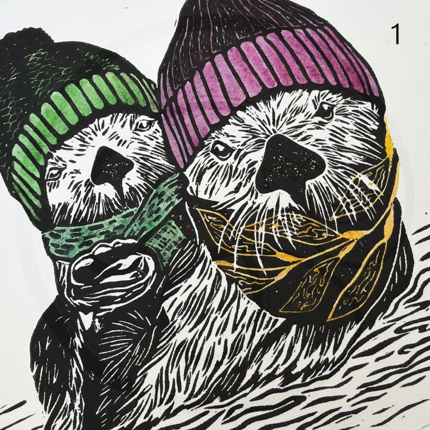 Holiday Otters 2025 - Linocut Relief Print