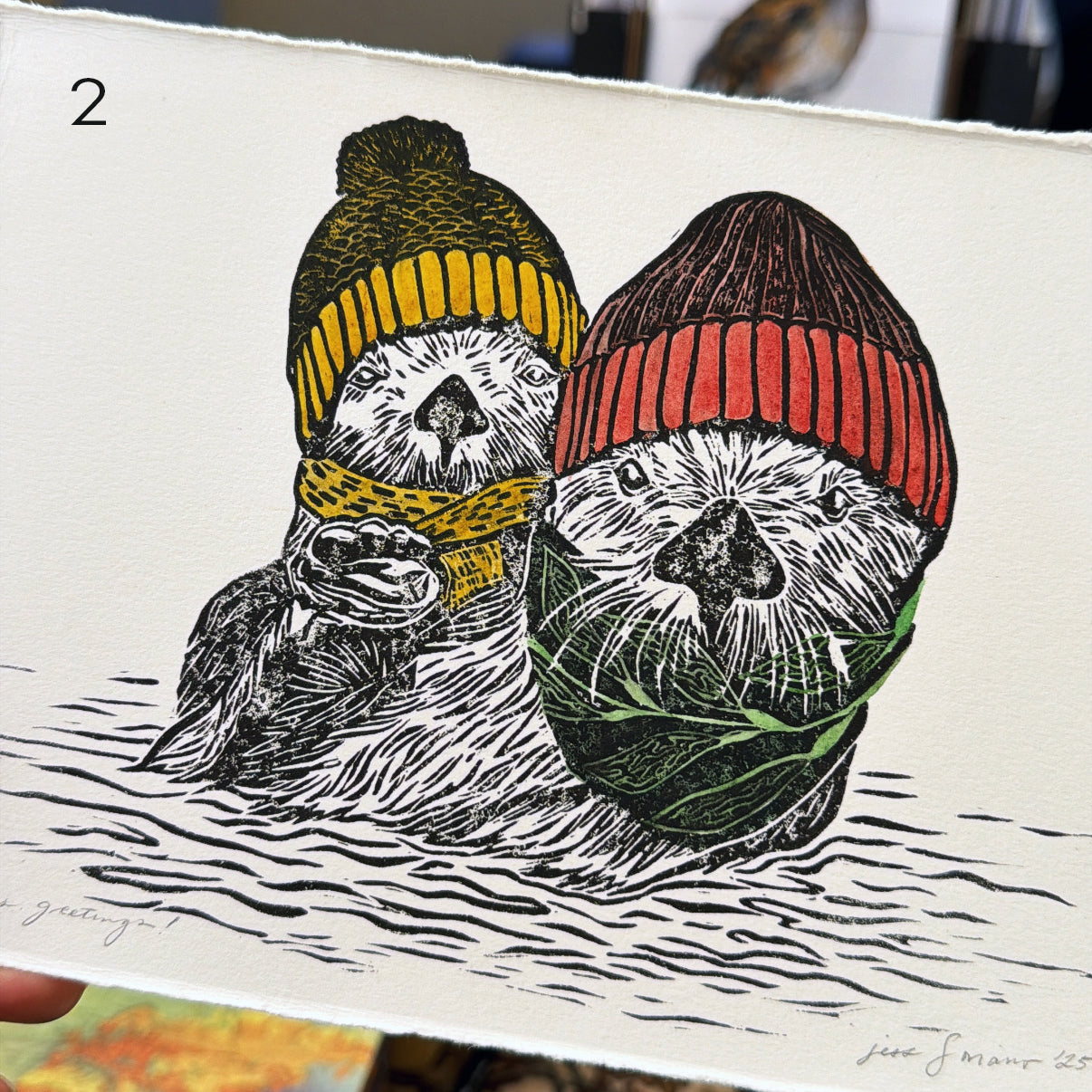 Holiday Otters 2025 - Linocut Relief Print