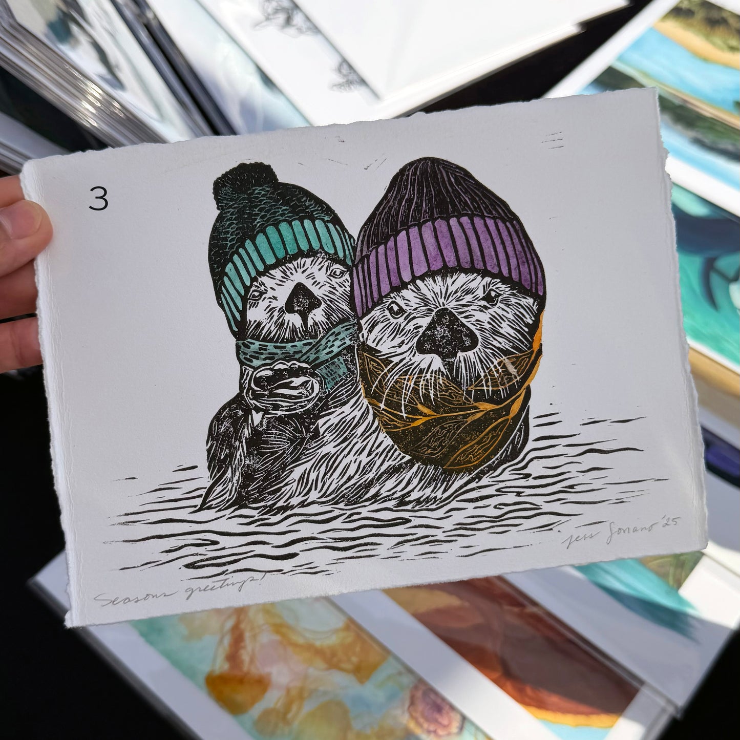 Holiday Otters 2025 - Linocut Relief Print