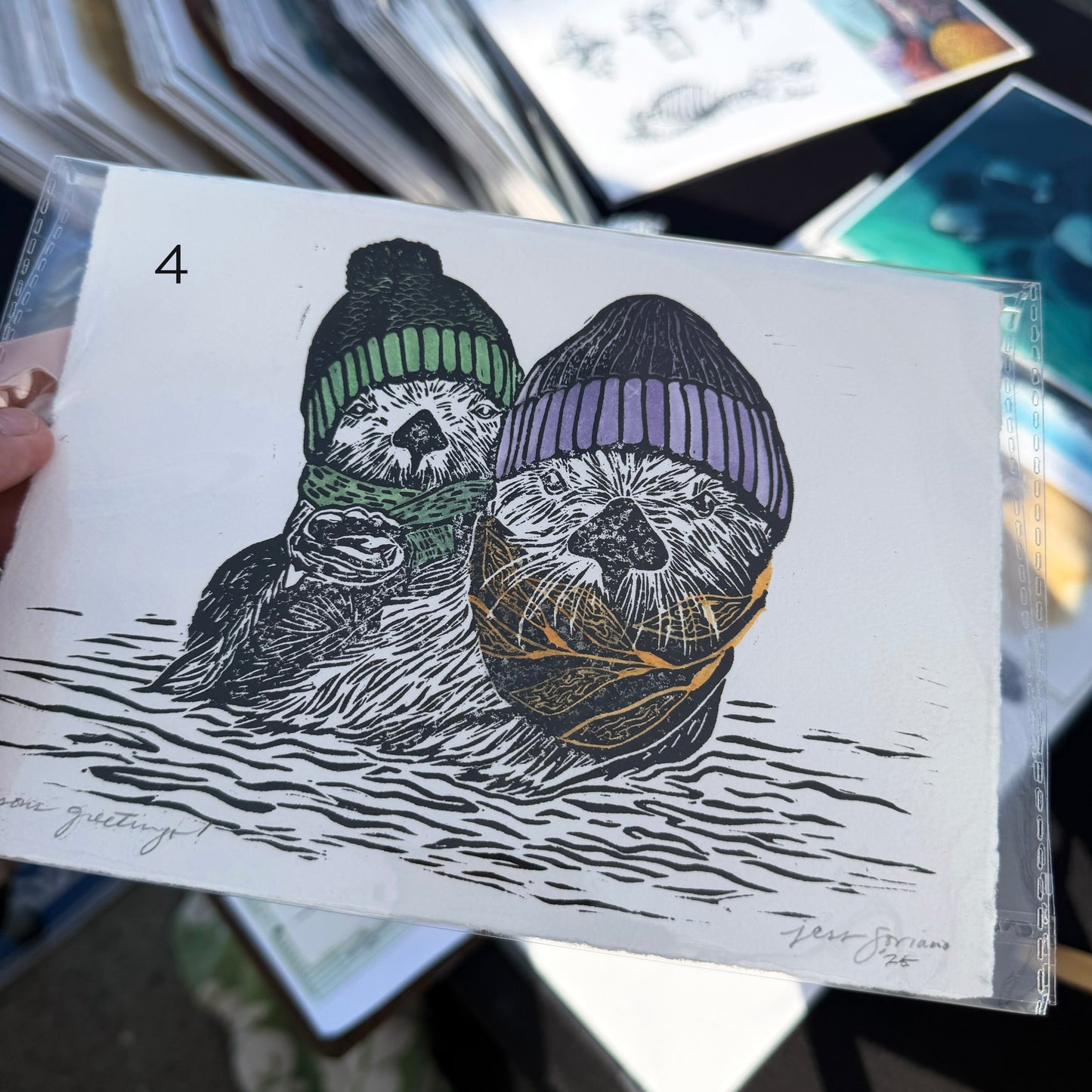 Holiday Otters 2025 - Linocut Relief Print