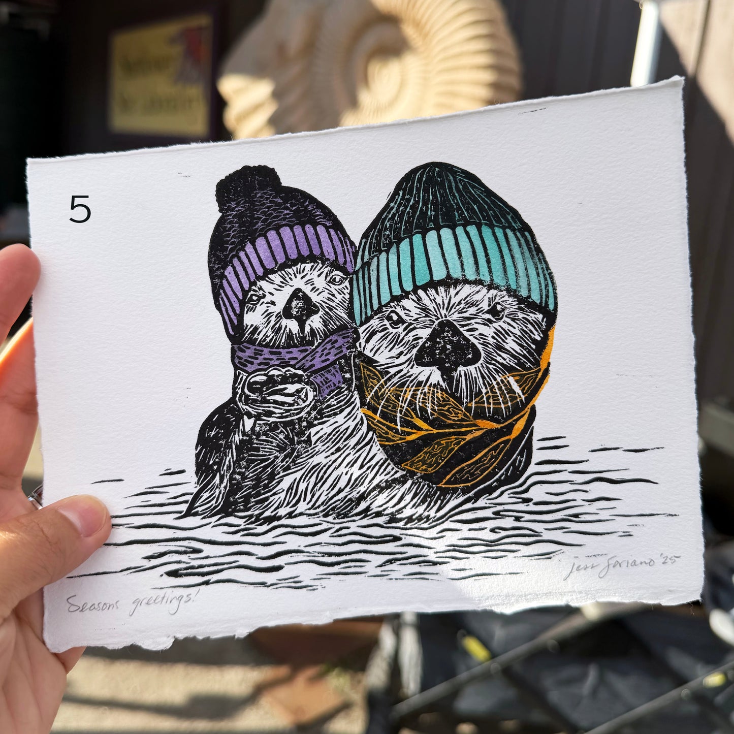Holiday Otters 2025 - Linocut Relief Print