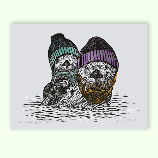 Holiday Otters 2025 - Linocut Relief Print