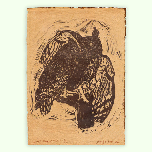 Great Horned Owls Linocut Relief Print